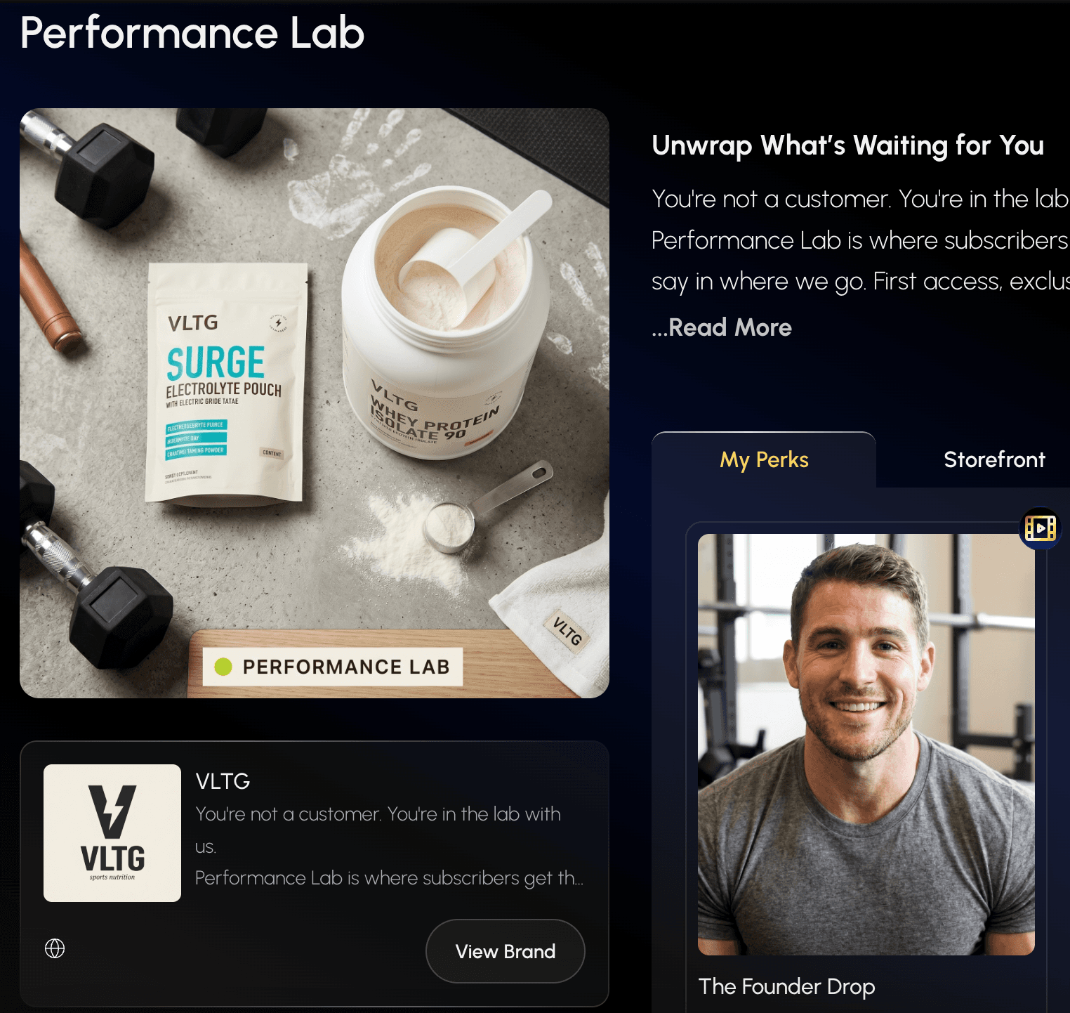 VLTG Performance Lab community program interface with product highlights and member perks.
