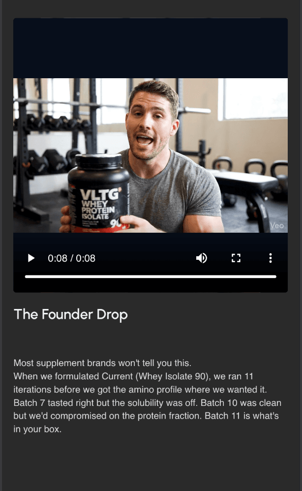 Founder drop and exclusive content playback in the owned space.