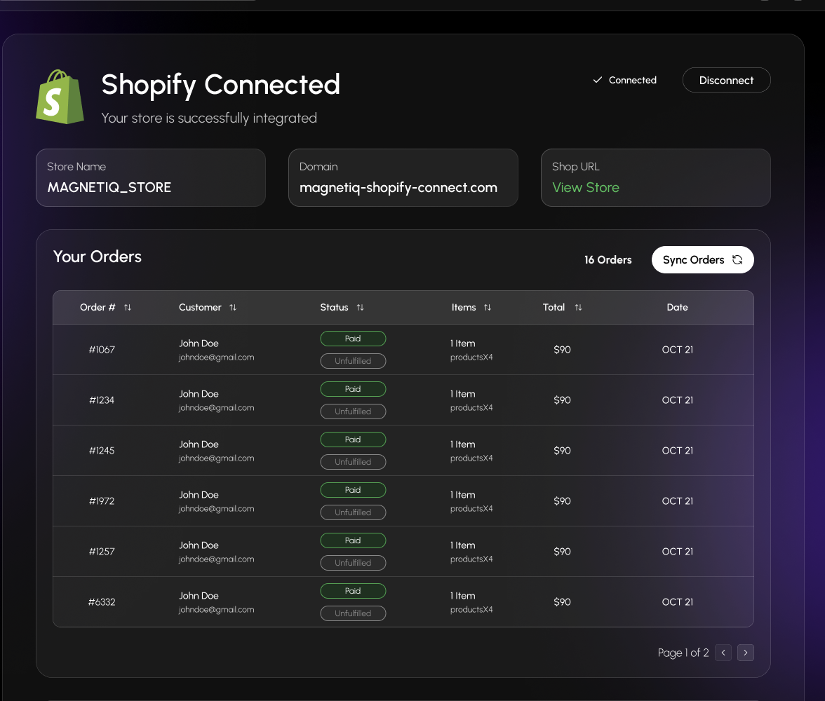 Shopify integration dashboard